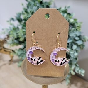 New 18k Gold Plated Celestial Magic Crysyal Mushroom Moon Enamel Earrings Gift